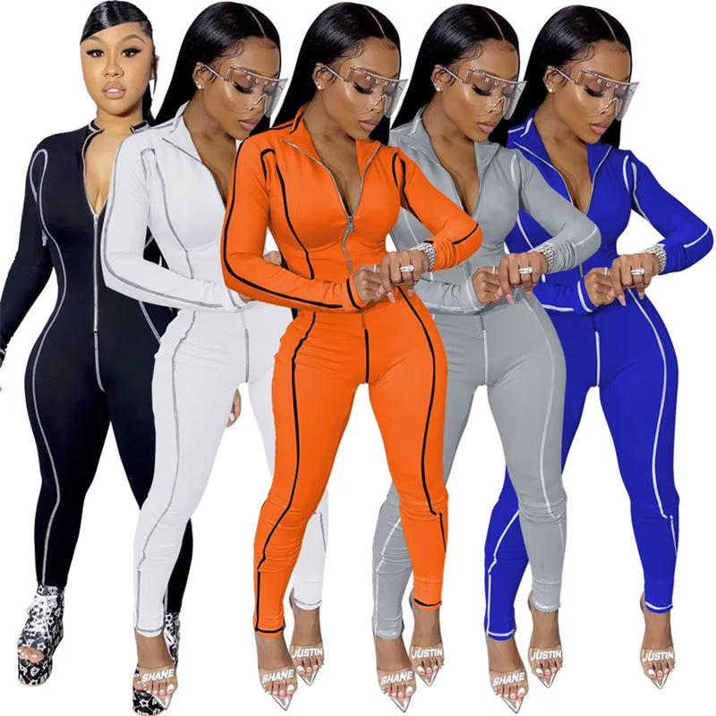 Striped Zipper Turn-Down Collar Long Sleeve Jumpsuit Women Sportwear Workout Activewear Casual Rompers Skinny One Piece Overalls