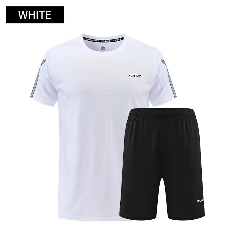 Fitness Clothes Mens Ice Silk Quick Drying Sportswear Set Summer Short Sleeved Tshirt Morning Running Basketball Training Room