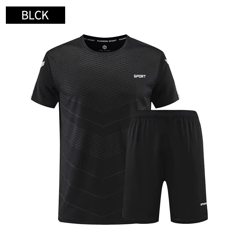 Fitness Clothes Mens Ice Silk Quick Drying Sportswear Set Summer Short Sleeved Tshirt Morning Running Basketball Training Room