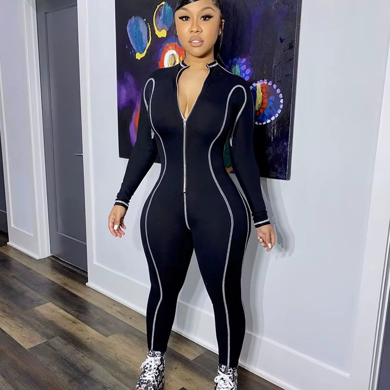 Striped Zipper Turn-Down Collar Long Sleeve Jumpsuit Women Sportwear Workout Activewear Casual Rompers Skinny One Piece Overalls