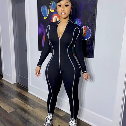 Striped Zipper Turn-Down Collar Long Sleeve Jumpsuit Women Sportwear Workout Activewear Casual Rompers Skinny One Piece Overalls