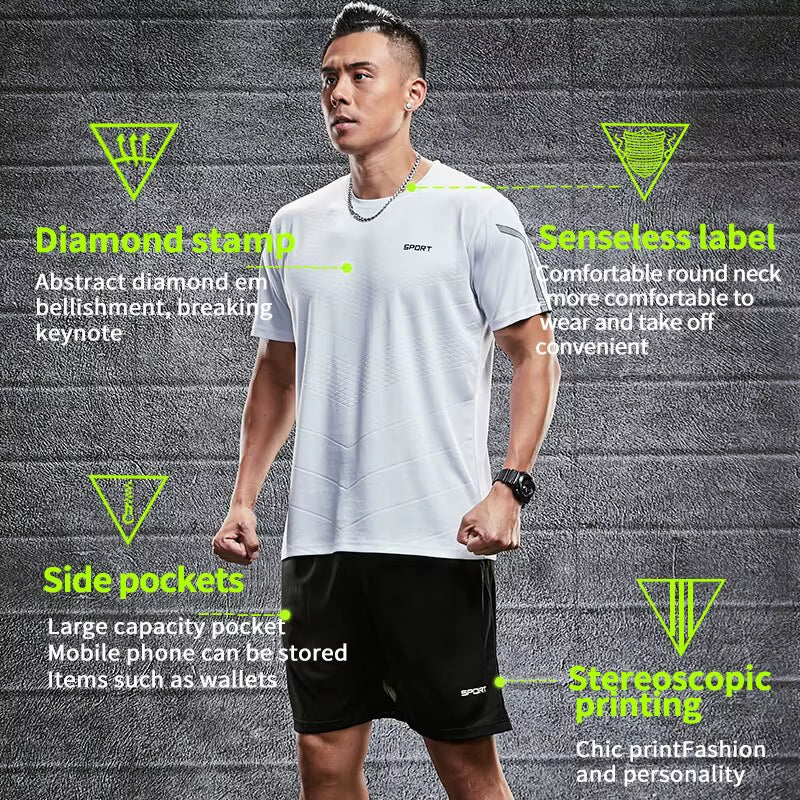 Fitness Clothes Mens Ice Silk Quick Drying Sportswear Set Summer Short Sleeved Tshirt Morning Running Basketball Training Room