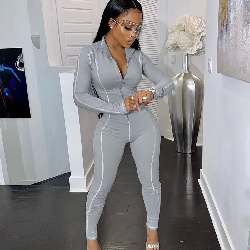 Striped Zipper Turn-Down Collar Long Sleeve Jumpsuit Women Sportwear Workout Activewear Casual Rompers Skinny One Piece Overalls