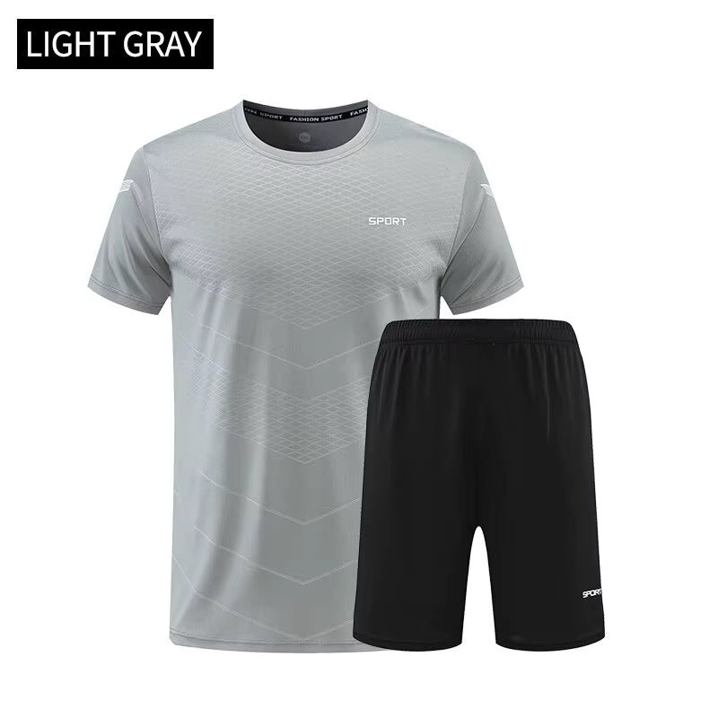 Fitness Clothes Mens Ice Silk Quick Drying Sportswear Set Summer Short Sleeved Tshirt Morning Running Basketball Training Room